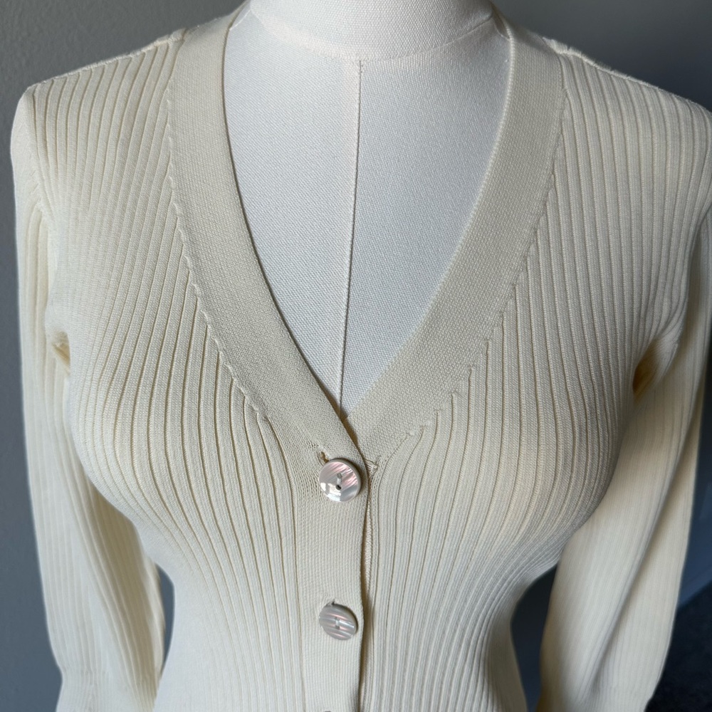 A New Day Cream Button Front Ribbed Knit Midi Dress with Flared Cuffs - XS - Picture 3 of 12